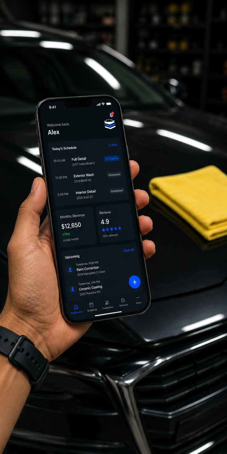 The Wax Stak app on a phone showing a detailing business dashboard — today's schedule, monthly revenue, and customer reviews — held over a freshly detailed black car.